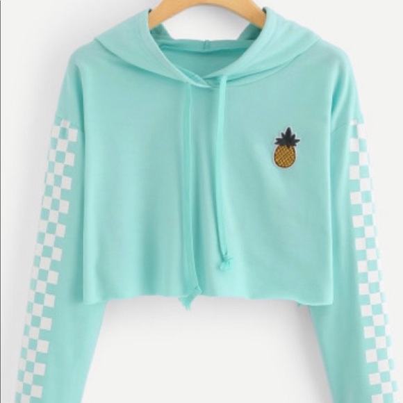 Unbranded Tops - Mint Green Checkered Pineapple Cropped Hoodie